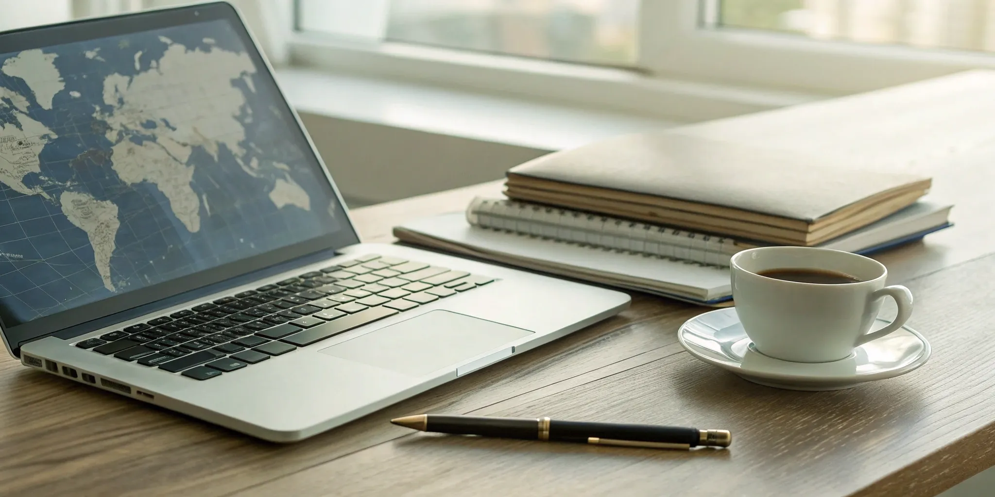 A firm's desk with a laptop showing a world map for outsourced bookkeeping services.
