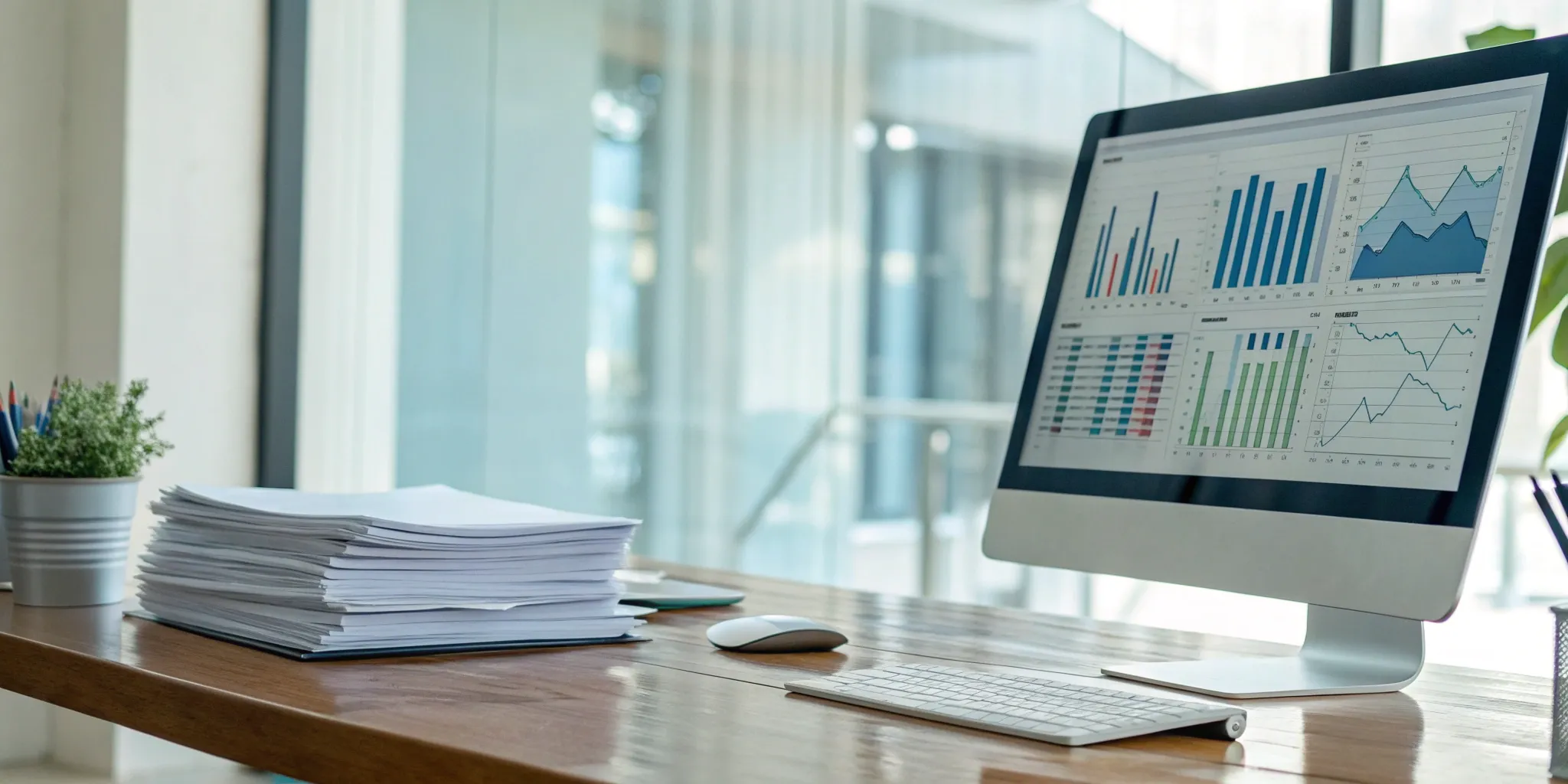 Computer on a desk with charts and reports for accounting BPO services.