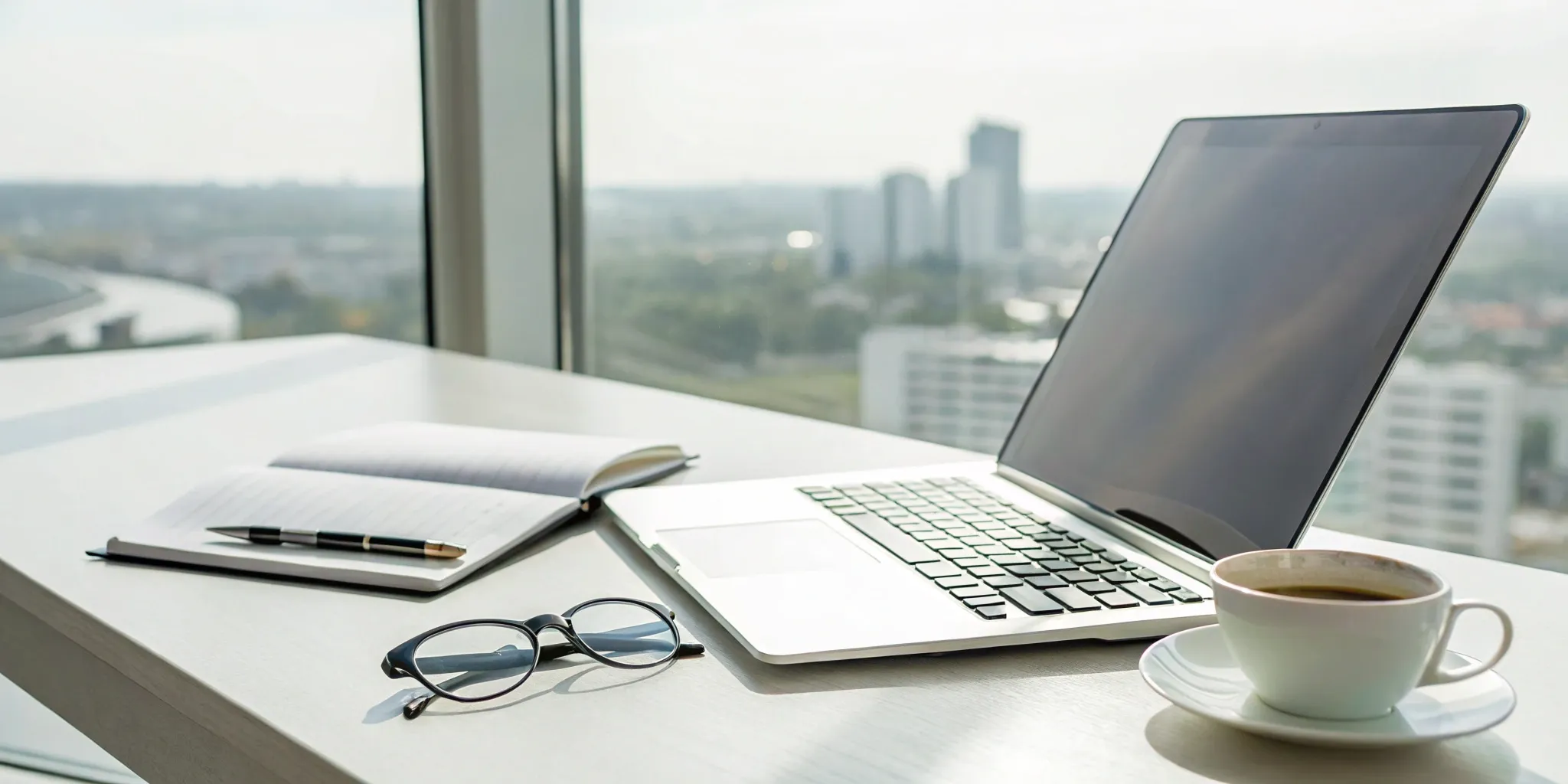 A virtual bookkeeping assistant's organized workspace with a laptop and notebook.