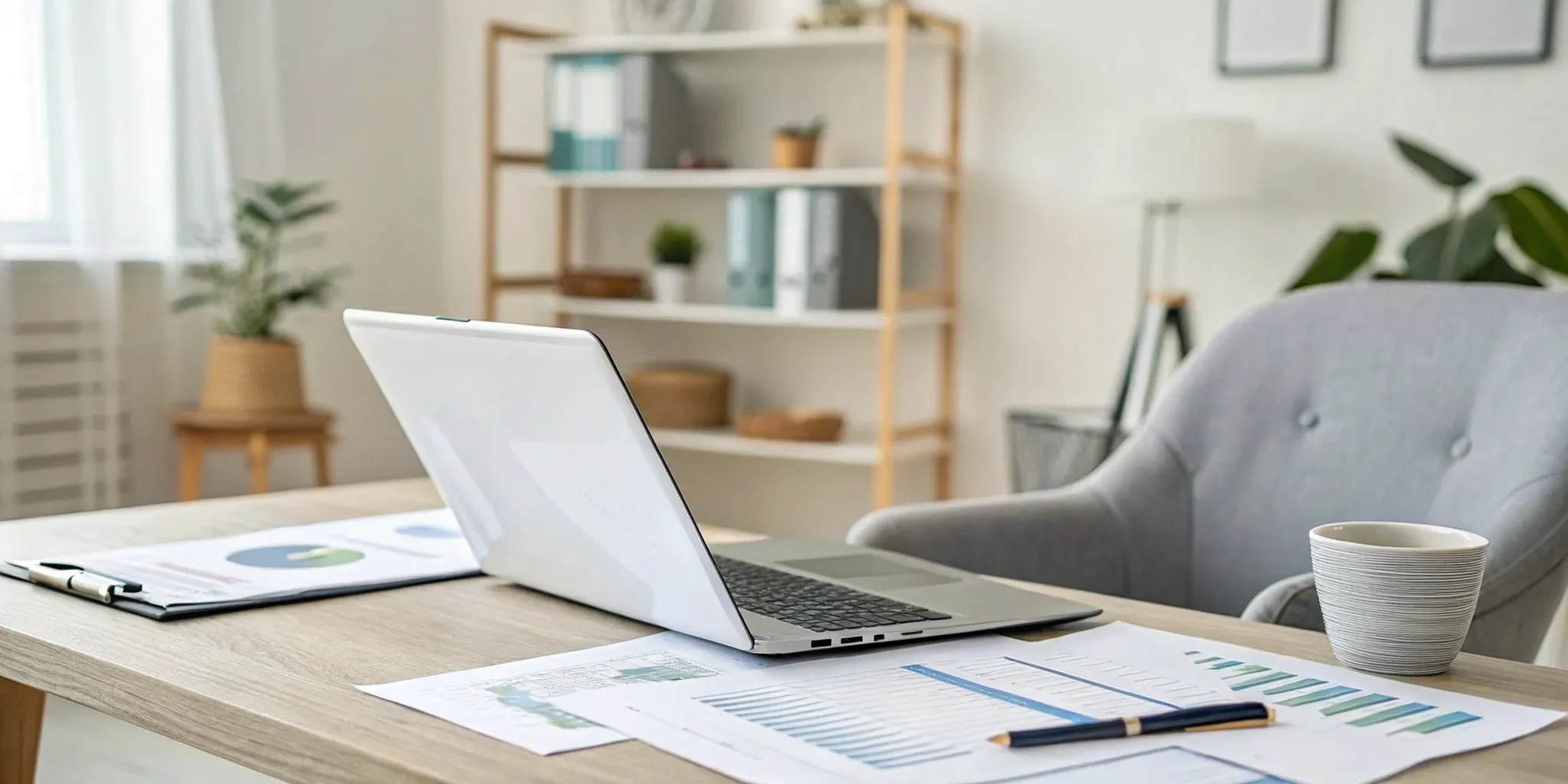 A remote payroll specialist's home office with a laptop showing payroll data.