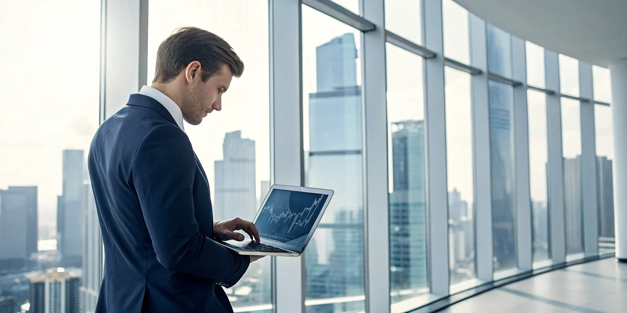An auditor providing outsourced internal audit services by analyzing data on a laptop.