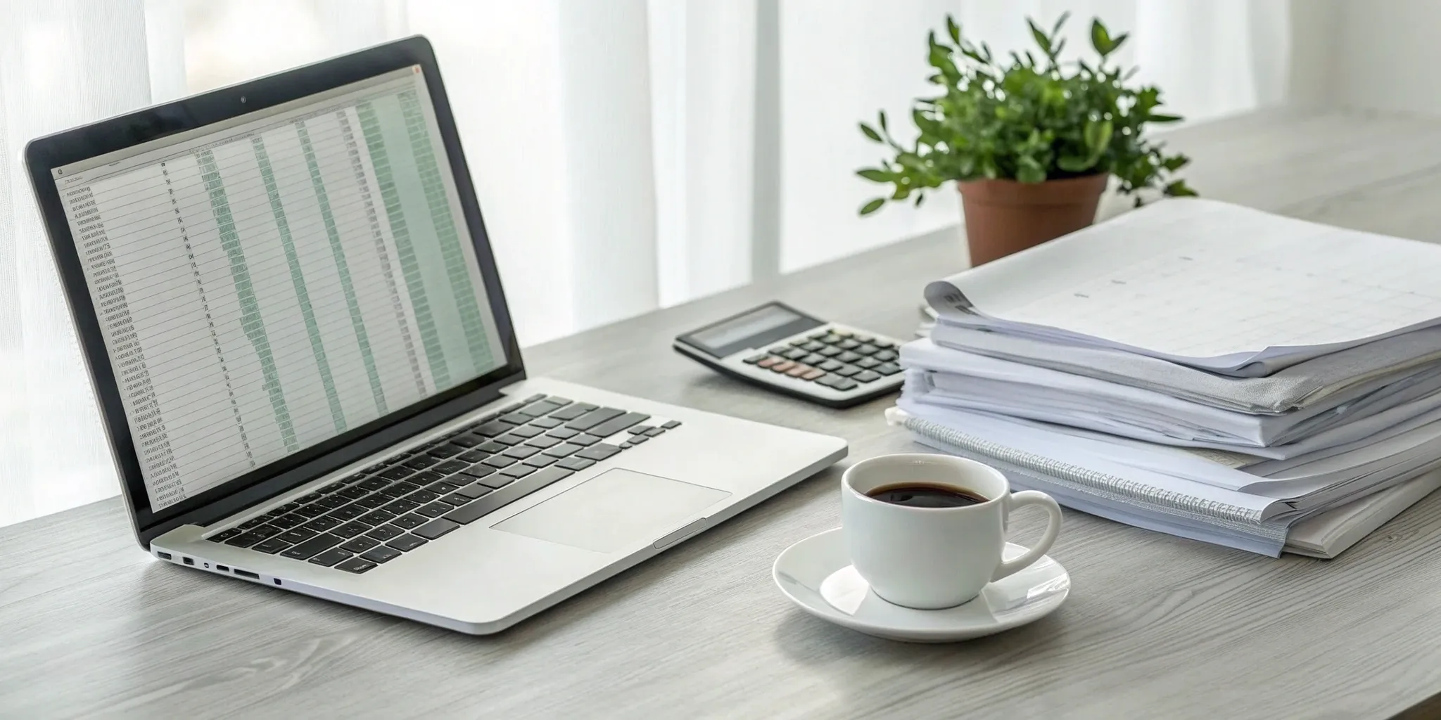 A staff accountant's desk with a laptop showing a spreadsheet, a calculator, and documents.