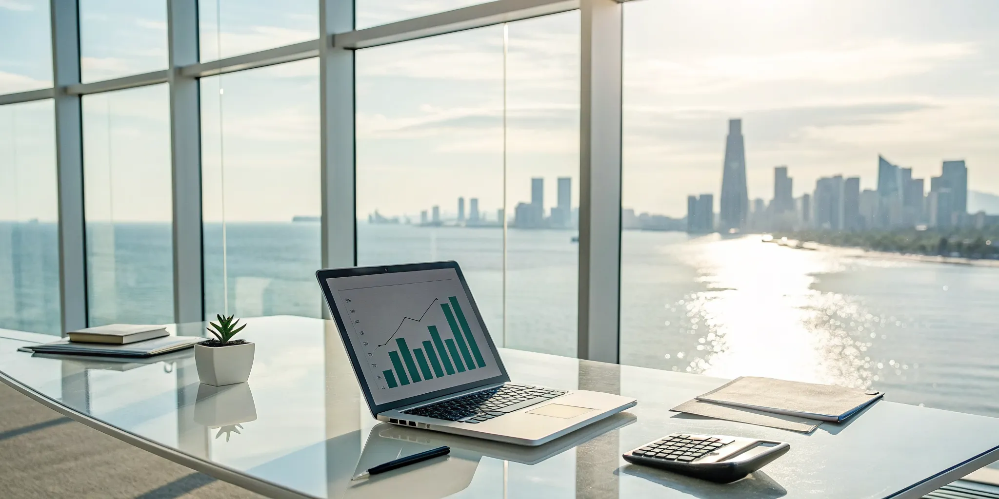 Modern office desk with a laptop showing financial charts for offshore bookkeeping services.