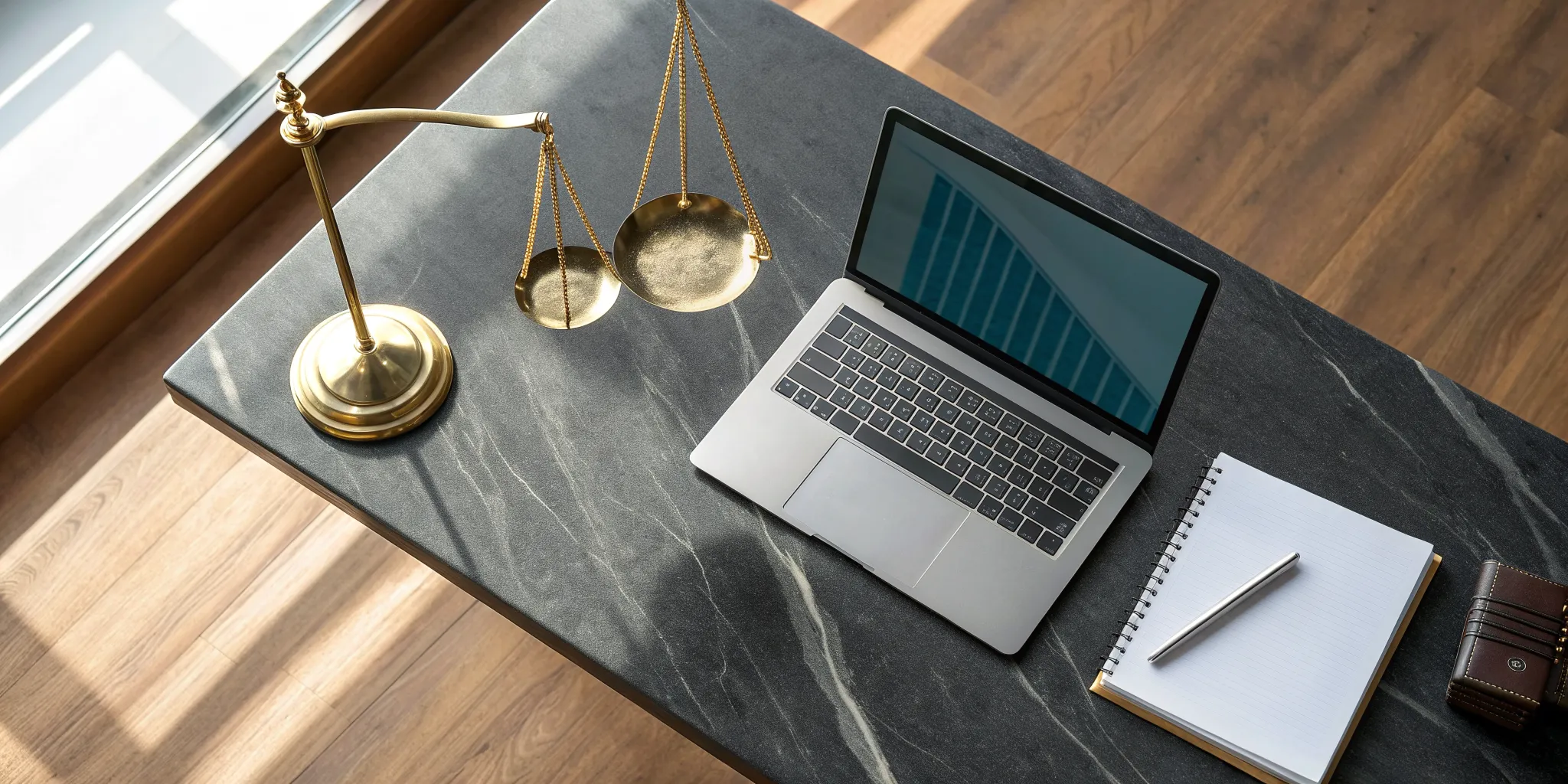 Law firm bookkeeping services with scales of justice, a laptop, and a notepad.