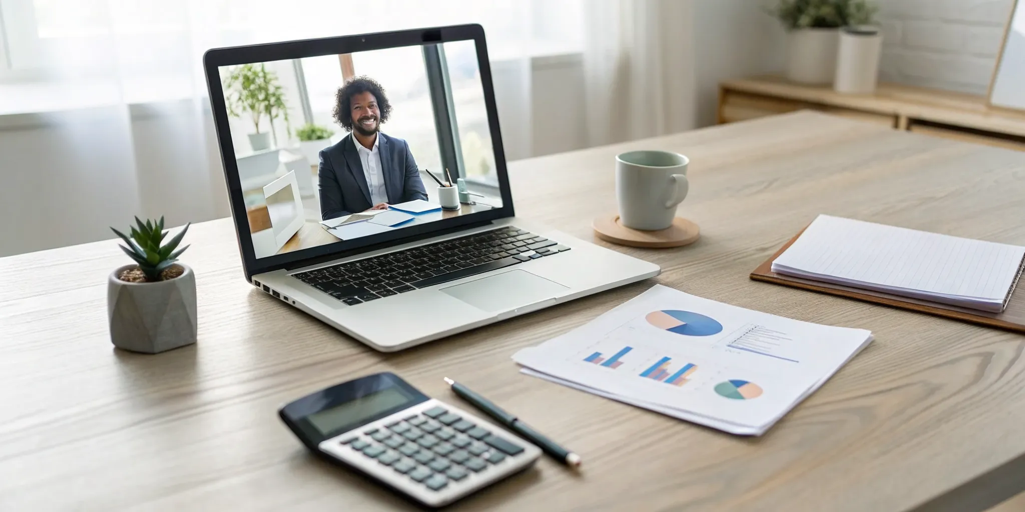 A small business owner outsourcing bookkeeping in a remote meeting with a laptop, calculator, and charts.